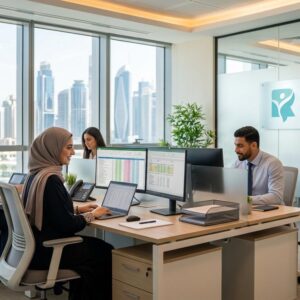 Professional accountant reviewing financial reports and spreadsheets in a healthcare office environment at Royal Health Group UAE.
