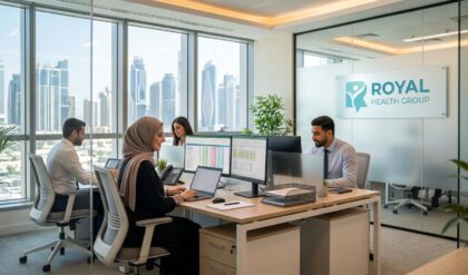Professional accountant reviewing financial reports and spreadsheets in a healthcare office environment at Royal Health Group UAE.