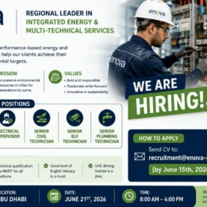 Enova UAE facility management job vacancies 2026 for HVAC, Electrical, ELV, Civil, and Plumbing technicians.