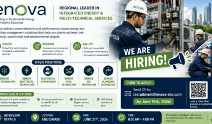 Enova UAE facility management job vacancies 2026 for HVAC, Electrical, ELV, Civil, and Plumbing technicians.