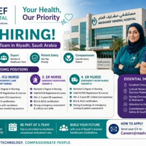 Masharef General Hospital Riyadh nursing vacancies 2026 for OR Nurses, ICU Nurses, and ER Nurses.