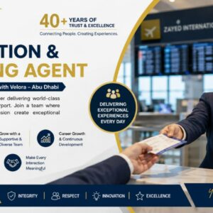 Reservation and ticketing agent assisting airline passengers at an airport service counter in Abu Dhabi, UAE.