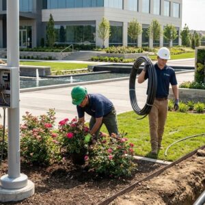 Job seekers attending walk-in interviews for Electrician, Gardener, Helper, and Plumber vacancies at Tornado Total Landscape LLC in Abu Dhabi.