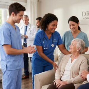Healthcare professionals providing compassionate home nursing and medical care to a patient in a modern home environment under Dr. Sunny Home Health Care services.