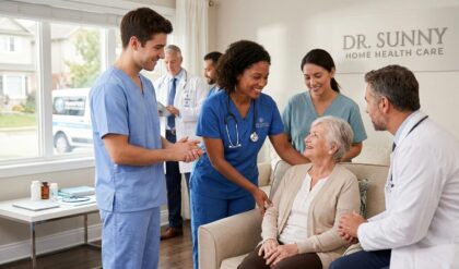 Healthcare professionals providing compassionate home nursing and medical care to a patient in a modern home environment under Dr. Sunny Home Health Care services.