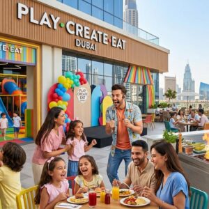 Play Create Eat Dubai indoor family entertainment center featuring children's play areas, creative activity zones, and a modern family dining space with staff engaging guests.