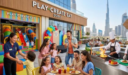 Play Create Eat Dubai indoor family entertainment center featuring children's play areas, creative activity zones, and a modern family dining space with staff engaging guests.