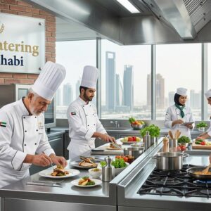 Professional chefs and hospitality staff working in a modern commercial catering kitchen during food preparation at Royal Catering Abu Dhabi.