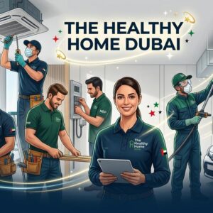 Technicians performing HVAC maintenance and professional deep cleaning services at a residential property as part of The Healthy Home Dubai wellness solutions.