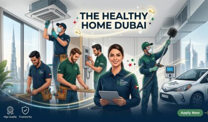 Technicians performing HVAC maintenance and professional deep cleaning services at a residential property as part of The Healthy Home Dubai wellness solutions.