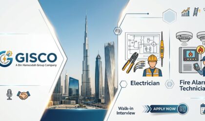 GISCO UAE announces walk-in interview for Electrician and Fire Alarm Technician vacancies in Dubai.