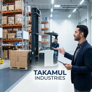 Takamul Industries Logistics & Warehousing Manager job vacancy in Saudi Arabia 2026 with warehouse operations, supply chain management, and industrial packaging background.