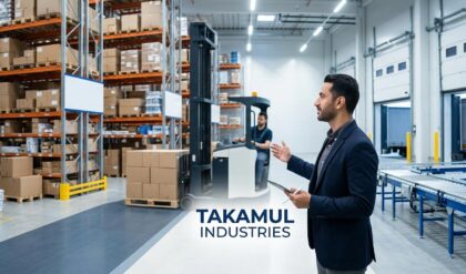 Takamul Industries Logistics & Warehousing Manager job vacancy in Saudi Arabia 2026 with warehouse operations, supply chain management, and industrial packaging background.