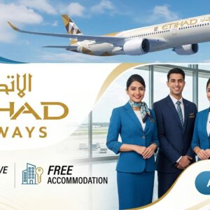Etihad Airways careers announcement highlighting Cabin Crew, Store Operator, and Procedures Controller – Cargo job opportunities with attractive benefits including tax-free salary, accommodation, medical insurance, and career growth in Abu Dhabi.