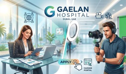 Career opportunities at Gaelan Hospital Sharjah featuring HR Executive, Video Editor, Videographer, and Sales Executive vacancies.