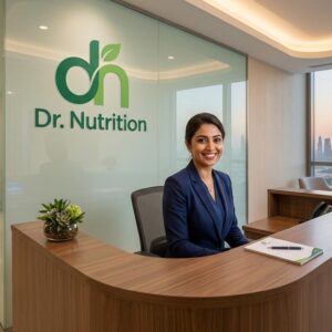 Receptionist welcoming customers at a modern health and wellness retail center in Dubai.