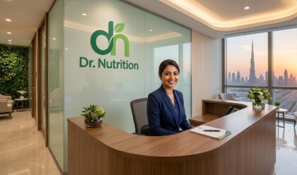 Receptionist welcoming customers at a modern health and wellness retail center in Dubai.