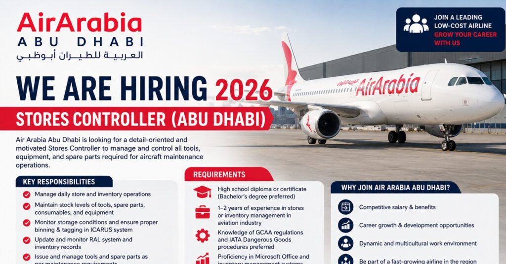 Air Arabia Abu Dhabi Careers : Air Arabia Abu Dhabi Careers 2026: Stores Controller Job Vacancy in Abu Dhabi – Apply for Aviation Inventory Management Opportunities 1 air 1