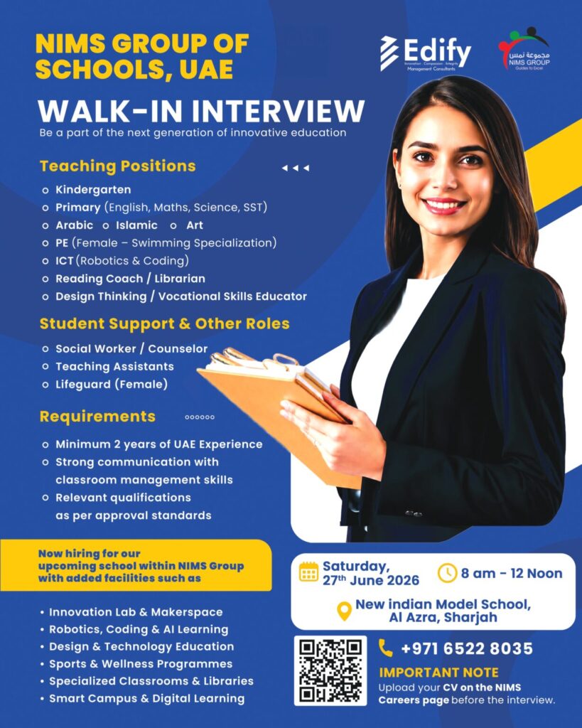 New Indian Model School Sharjah Careers 2026: Walk-In Interview Announced for Multiple Teaching and Staff Positions 2 intervie