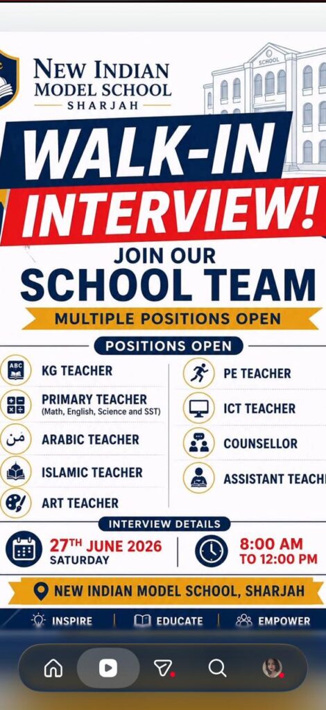 New Indian Model School Sharjah Careers 2026: Walk-In Interview Announced for Multiple Teaching and Staff Positions 3 school 123