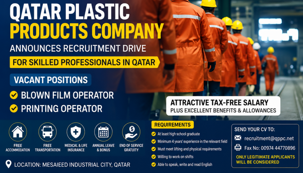 Qatar Plastic Products Company Announces Recruitment for Skilled Professionals in Qatar 1 JOB QPPC e1784352618345