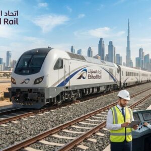 Etihad Rail freight train operating on the UAE national railway network, representing career opportunities in railway operations, engineering, maintenance, and infrastructure development.