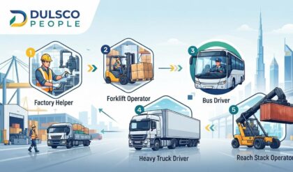 Dulsco People walk-in interview in Dubai for Factory Helper, Forklift Operator, Bus Driver, Heavy Truck Driver, and Reach Stack Operator vacancies.