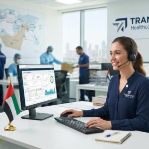 Modern healthcare logistics warehouse with organized storage, temperature-controlled facilities, and logistics personnel handling medical supply distribution in the UAE.