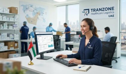 Modern healthcare logistics warehouse with organized storage, temperature-controlled facilities, and logistics personnel handling medical supply distribution in the UAE.
