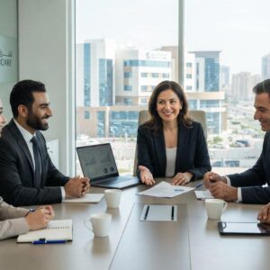 Healthcare professionals at AlSharq Healthcare in Fujairah, highlighting management job vacancies including Hospital Manager, Operations Manager, and Chief Operating Officer (COO) in the UAE.