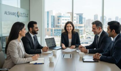 Healthcare professionals at AlSharq Healthcare in Fujairah, highlighting management job vacancies including Hospital Manager, Operations Manager, and Chief Operating Officer (COO) in the UAE.