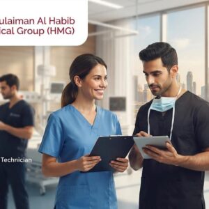 Healthcare professionals working inside a modern Dr. Sulaiman Al Habib Medical Group hospital in Dubai, highlighting career opportunities for Registered Midwives, Infection Control Nurses, and BMS Technicians.