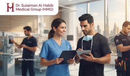 Healthcare professionals working inside a modern Dr. Sulaiman Al Habib Medical Group hospital in Dubai, highlighting career opportunities for Registered Midwives, Infection Control Nurses, and BMS Technicians.