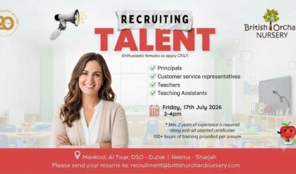 British Orchard Nursery UAE announces walk-in interview for female candidates applying for Principal, Teacher, Teaching Assistant, and Customer Service Representative positions in Dubai and Sharjah.