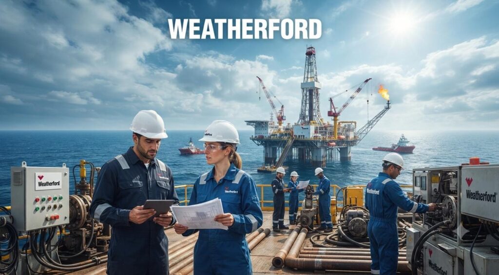 Weatherford energy services professionals working at an oil and gas operation with modern drilling equipment and advanced technology.