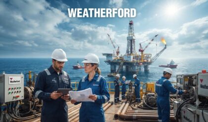 Weatherford energy services professionals working at an oil and gas operation with modern drilling equipment and advanced technology.