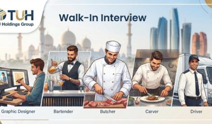 Candidates attending a TU Holdings Group walk-in interview in Abu Dhabi for hospitality, HR, procurement, and operations job vacancies.