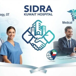 Healthcare professionals working at Sidra Kuwait Hospital with doctors, nurses, and modern medical facilities providing patient care in Kuwait.