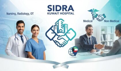 Healthcare professionals working at Sidra Kuwait Hospital with doctors, nurses, and modern medical facilities providing patient care in Kuwait.