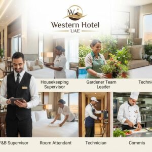 Hospitality professionals working at Western Hotel in the UAE, showcasing luxury hotel services, guest hospitality, and career opportunities across multiple hotel departments.