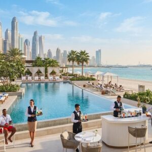 Hospitality professionals serving guests at DRIFT Beach Dubai, showcasing luxury beachfront dining, premium guest services, and career opportunities in Dubai's hospitality industry.