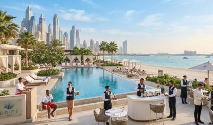 Hospitality professionals serving guests at DRIFT Beach Dubai, showcasing luxury beachfront dining, premium guest services, and career opportunities in Dubai's hospitality industry.