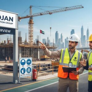 Health and safety professionals at a large construction site, representing Trojan Construction Group's walk-in interview for HSE Officer and HSE Engineer vacancies in Abu Dhabi.