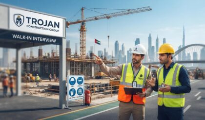 Health and safety professionals at a large construction site, representing Trojan Construction Group's walk-in interview for HSE Officer and HSE Engineer vacancies in Abu Dhabi.