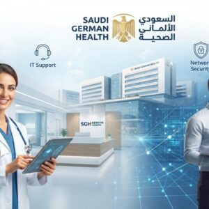 Modern hospital IT professionals working in a technologically advanced healthcare environment, representing Saudi German Health's latest recruitment for IT Support Engineer, Senior Network Security Engineer, and Application Engineer positions.