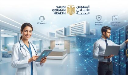 Modern hospital IT professionals working in a technologically advanced healthcare environment, representing Saudi German Health's latest recruitment for IT Support Engineer, Senior Network Security Engineer, and Application Engineer positions.