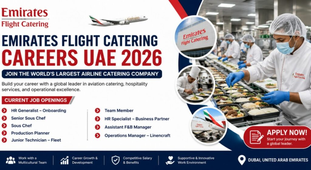 Emirates Flight Catering Careers UAE 2026: Latest Hospitality, HR & Operations Jobs in Dubai 1 Emirates Flight Catering announces multiple job vacancies in Dubai for HR, culinary, engineering, production, operations, and hospitality professionals.