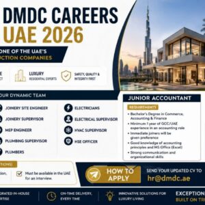 DMDC Dubai announces multiple construction, engineering, MEP, fit-out, and Junior Accountant job vacancies in the UAE.