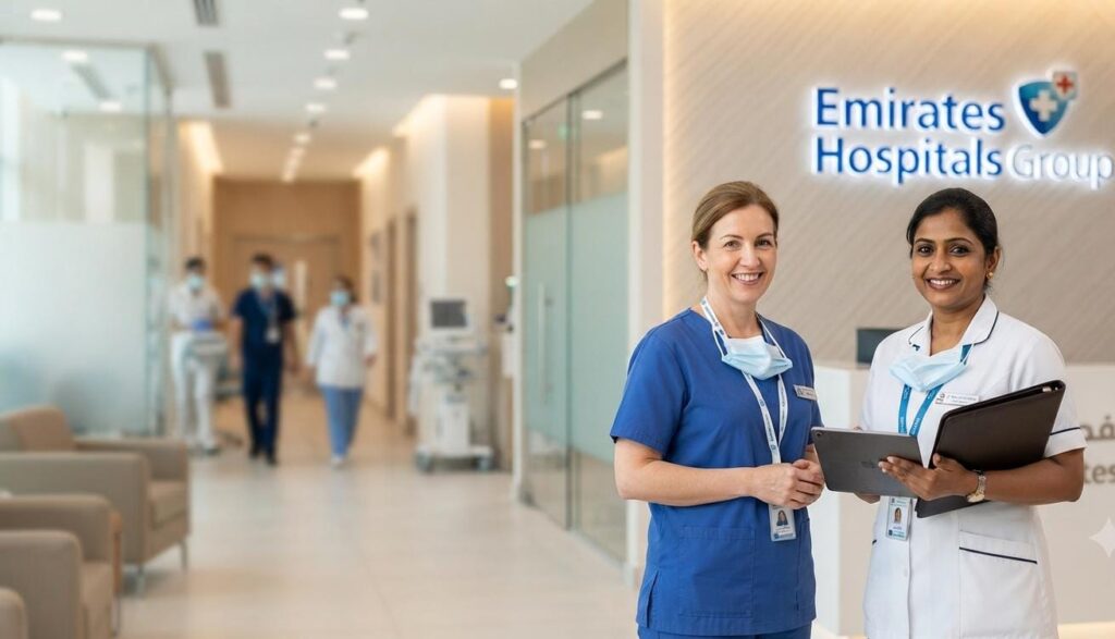 Dubai Nursing Jobs 2026: Emirates Hospitals Group Opens Walk-in Recruitment for RN, AN & Healthcare Assistants 1 Emirates Hospitals Group announces walk-in interviews for Registered Nurses, Assistant Nurses, and Healthcare Assistants in Dubai.