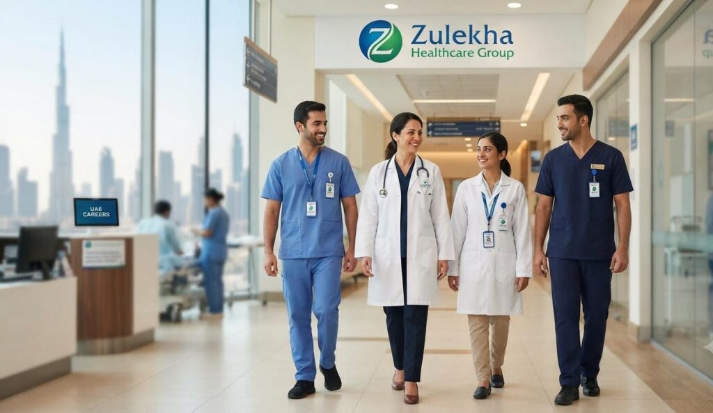 Healthcare professionals working at Zulekha Healthcare Group hospital in the UAE representing career opportunities and latest job vacancies.